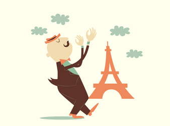 An album cover with a creamy background and a cartoon figure of a Frenchman in a brown suit and hat, clapping his hands and strolling past a deep peach Eiffel Tower with blue clouds in the sky